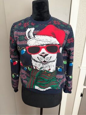 Holiday Llama Sweater with Red Santa Hat kids size 14/16